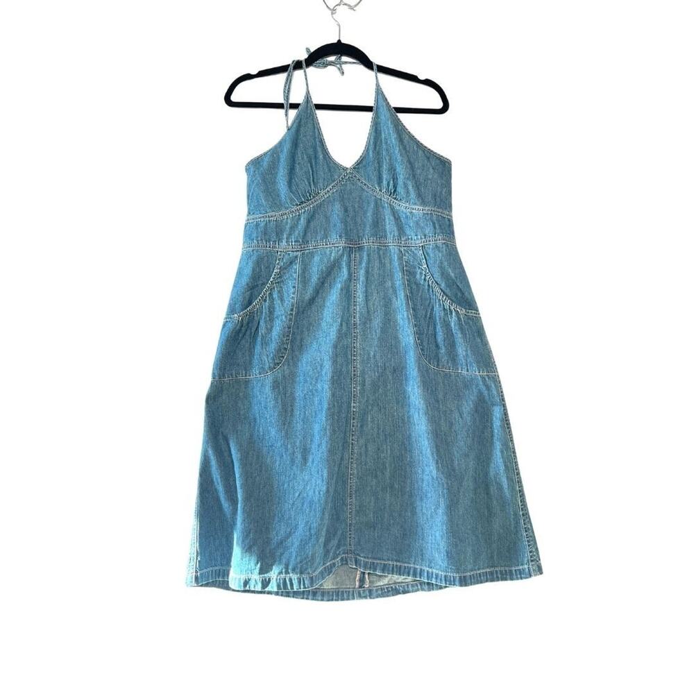 100% Cotton Denim Halter Dress Tie up with Pockets Vtg Old Navy Cottage sz 14